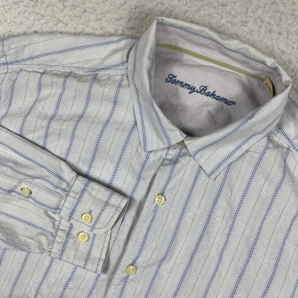 Tommy Bahama Button Down Shirt Mens Large White Blue‎ Dotted Stripe Cotton Silk